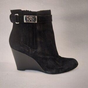 Coach Ankle Black Ankle Boots Womens 9 Wedge Letty Suede Heel Bootie Metal Logo.